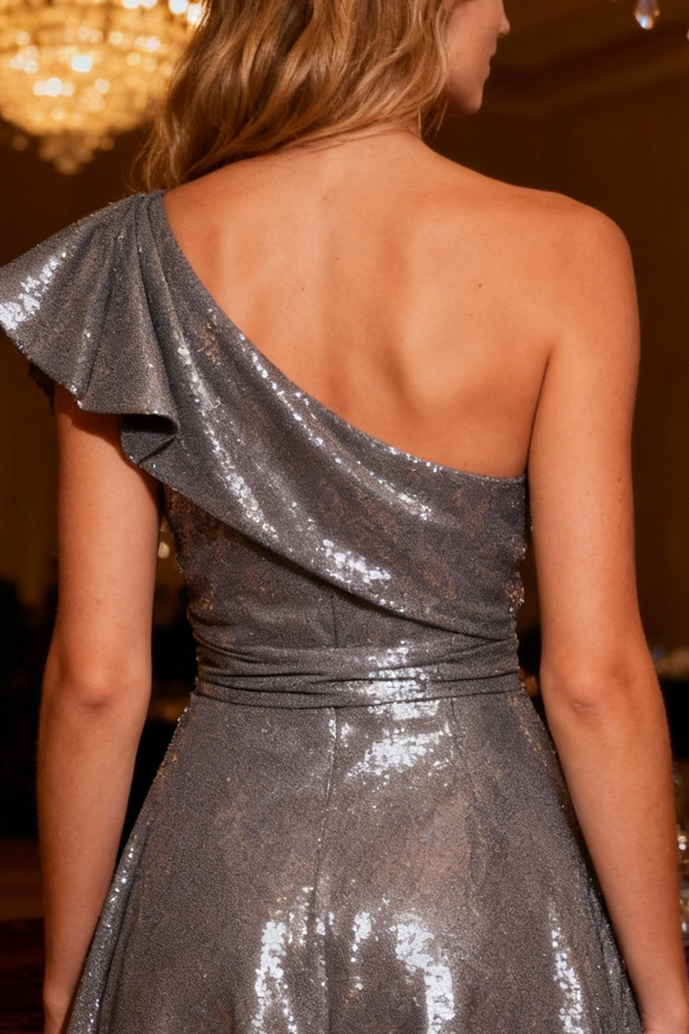 Sparkly Grey Sequins One Shoulder Short Cocktail Dress with Ruffles