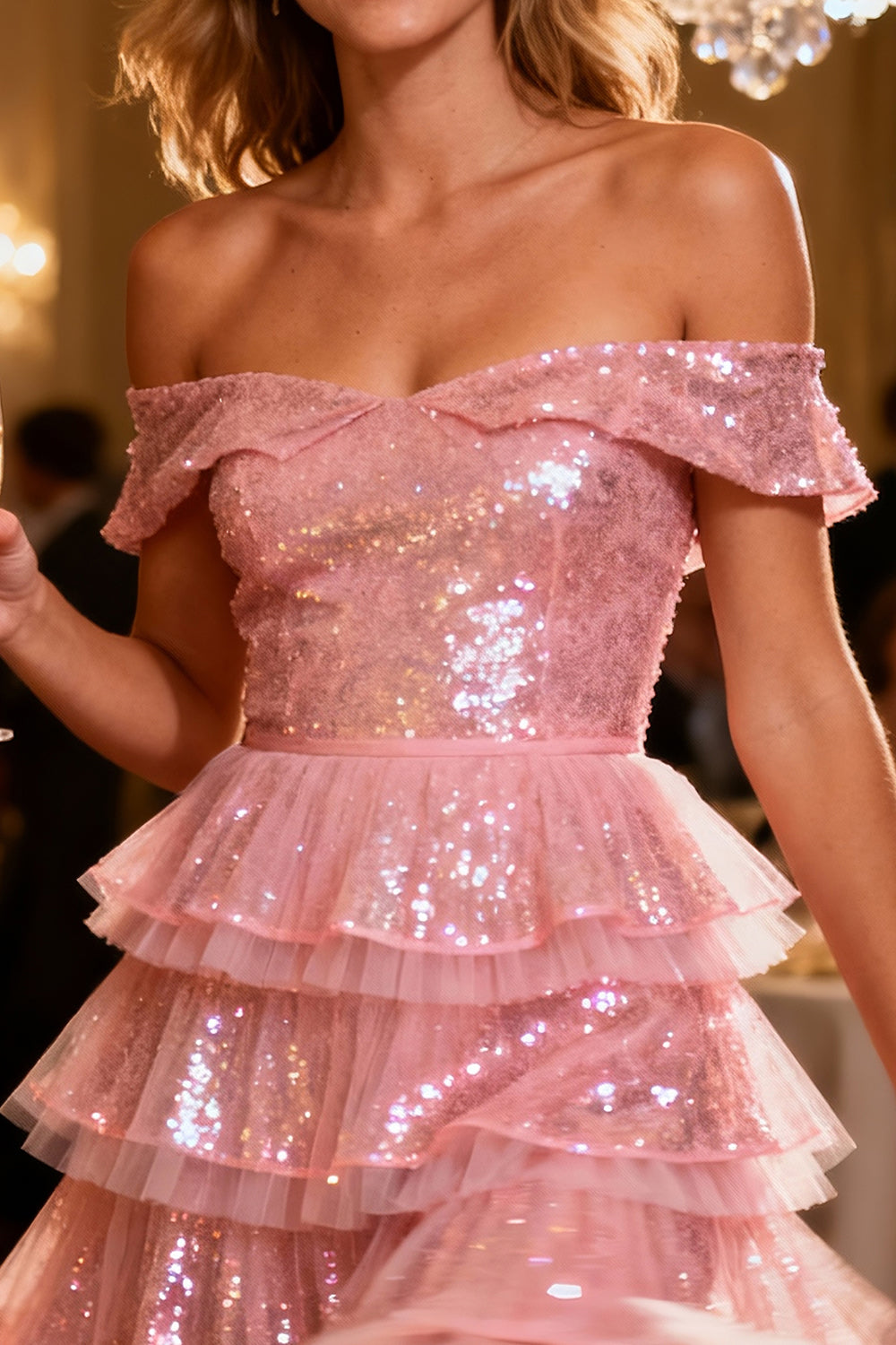 Sparkly Pink Sequins Off the Shoulder Short Cocktail Dress with Ruffles
