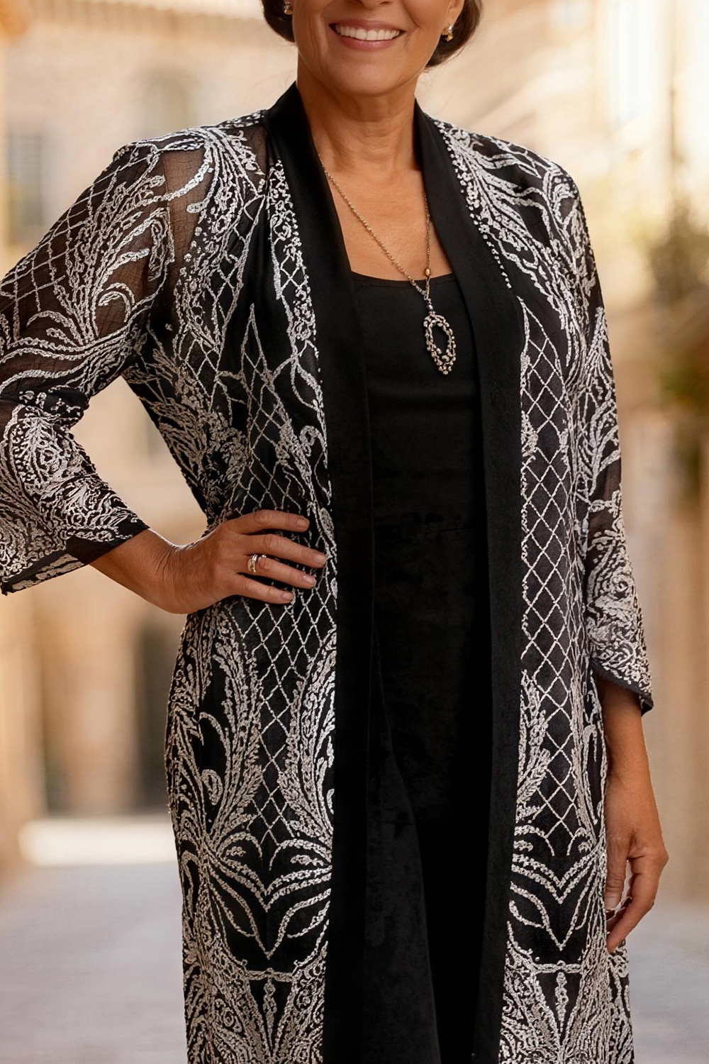 Black Lace Boat Neck 3 Piece Mother of the Bride Pant Suits with Jacket