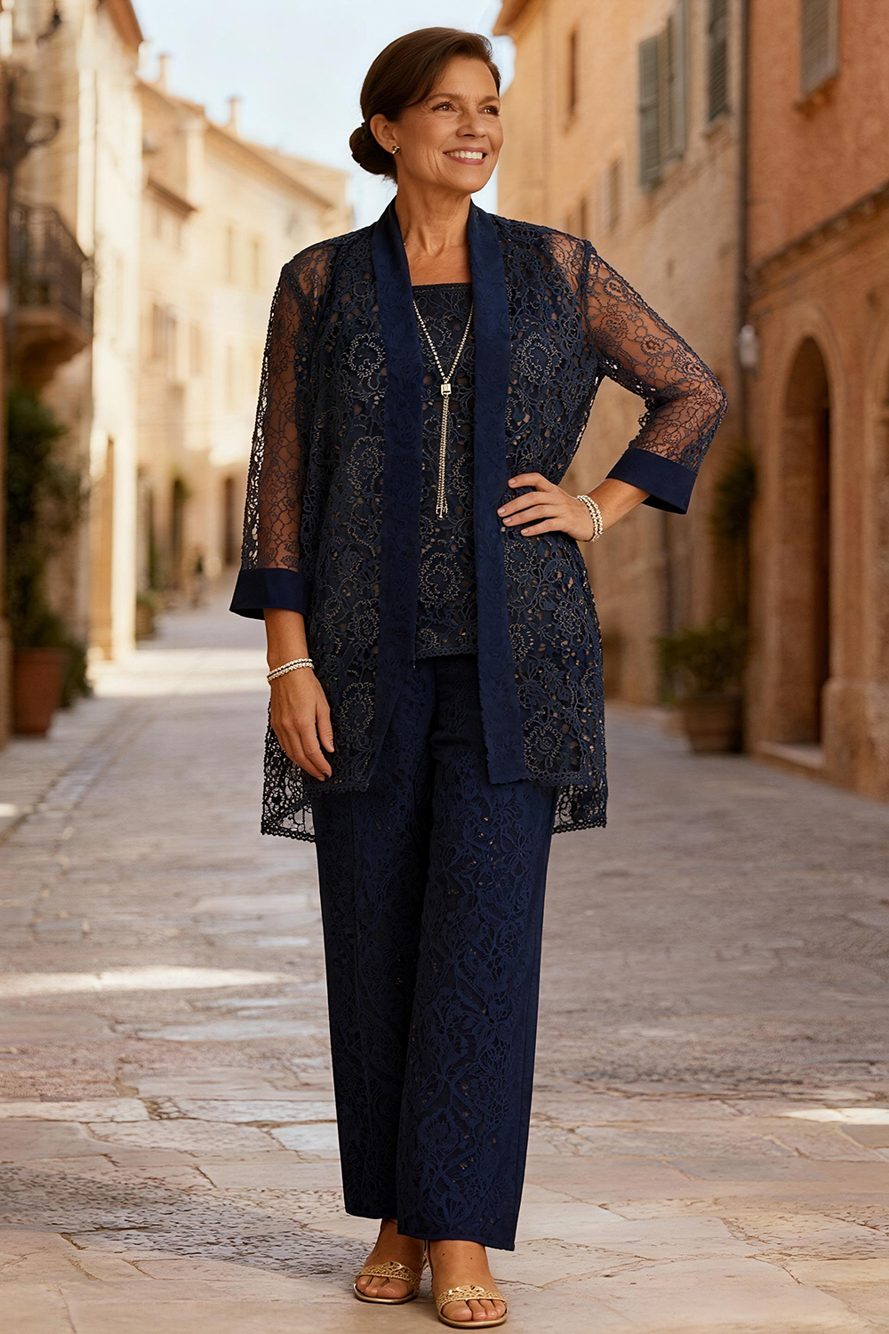 Dark Navy Lace Round Neck 3 Piece Mother of the Bride Pant Suits with Jacket