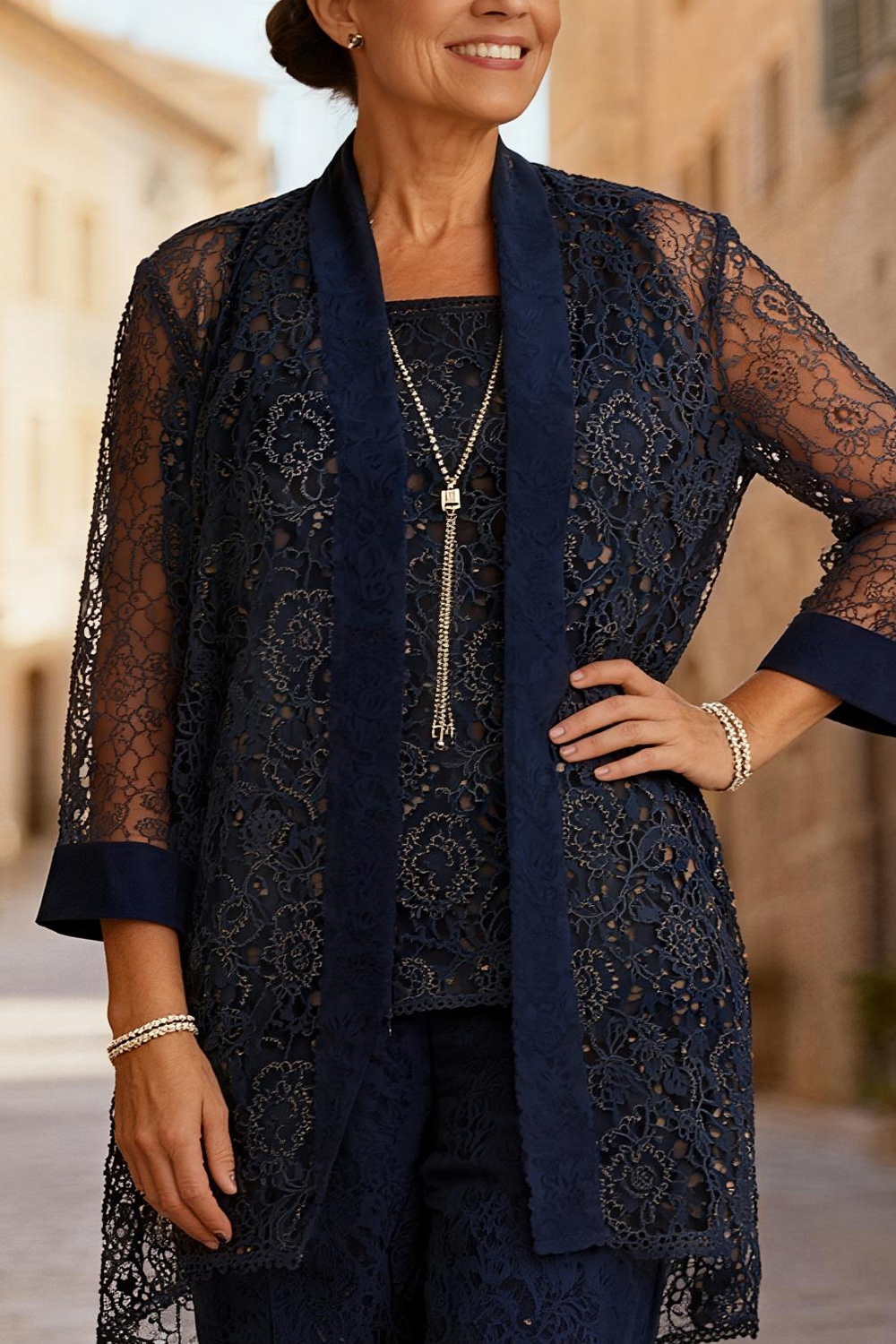 Dark Navy Lace Round Neck 3 Piece Mother of the Bride Pant Suits with Jacket