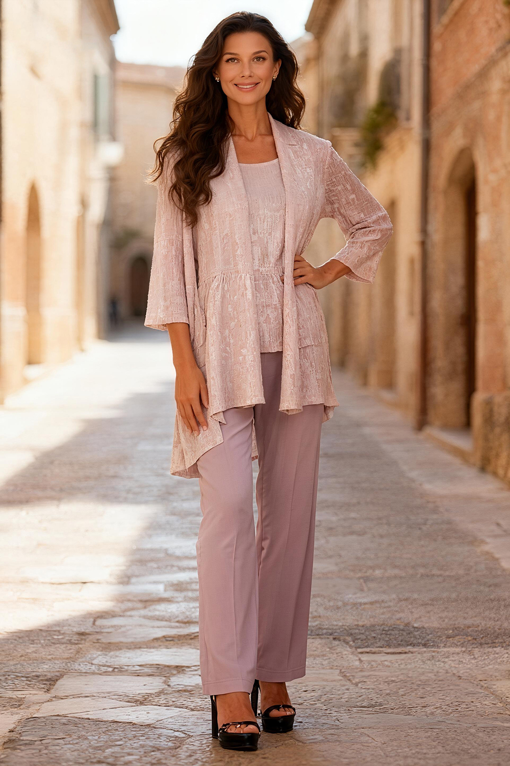 Dusty Rose Boat Neck Ruffled 3 Piece Mother of the Bride Pant Suits with Jacket