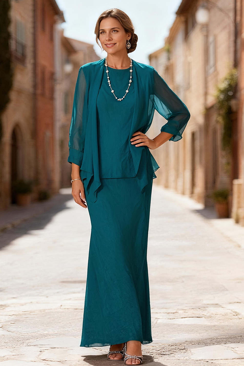 Peacock Blue Boat Neck 3 Piece Mother of the Bride Pant Suits with Jacket