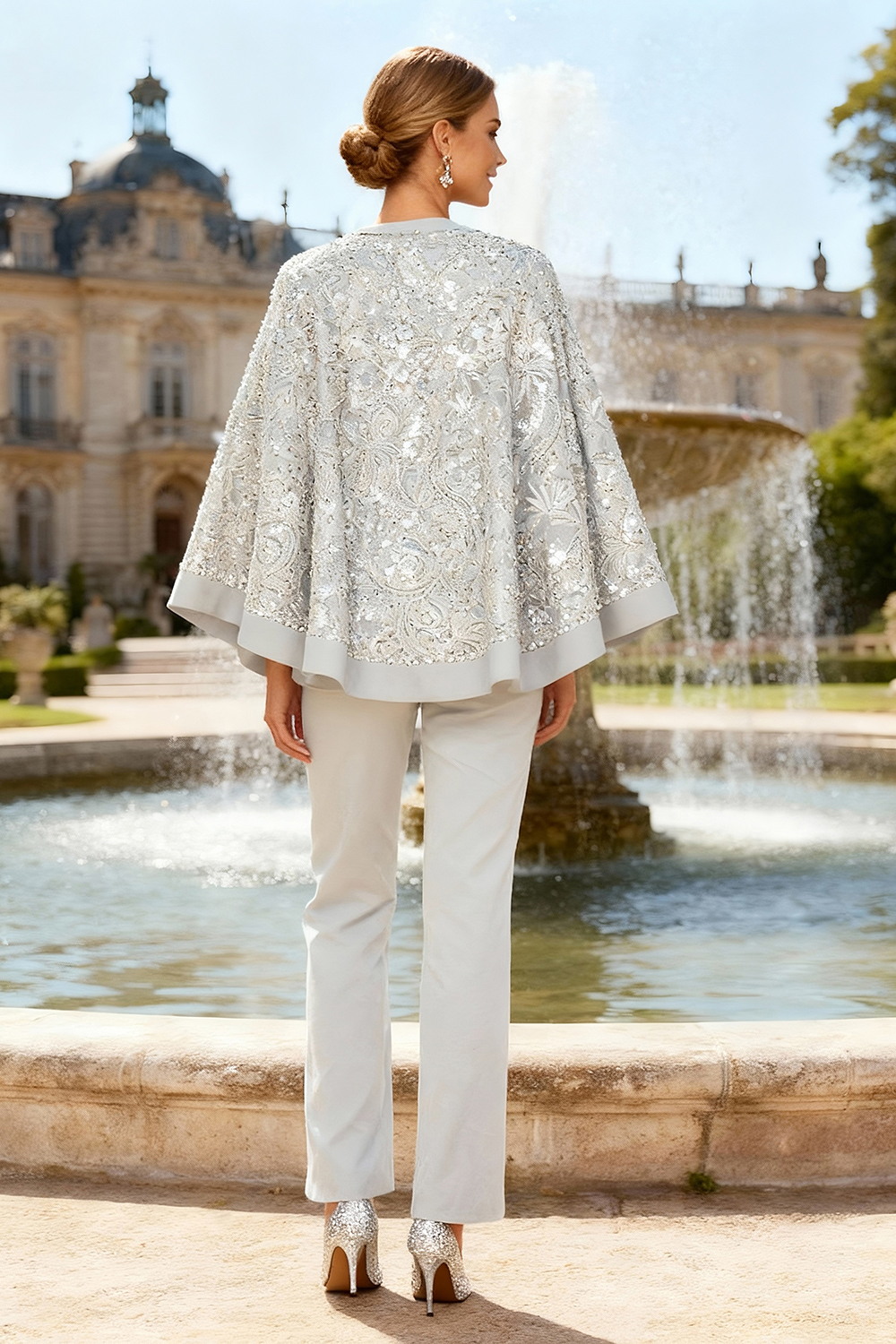 Sparkly Silver Beaded Lace 2 Piece Mother of the Bride Pant Suits with Cape