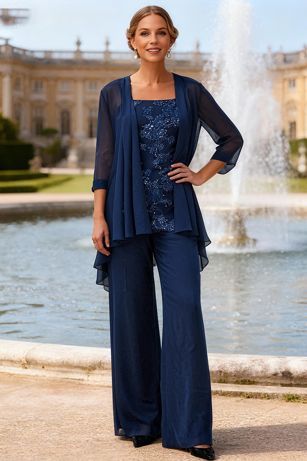 Sparkly Navy Beaded Ruffled 3 Piece Mother of the Bride Pant Suits with Jacket