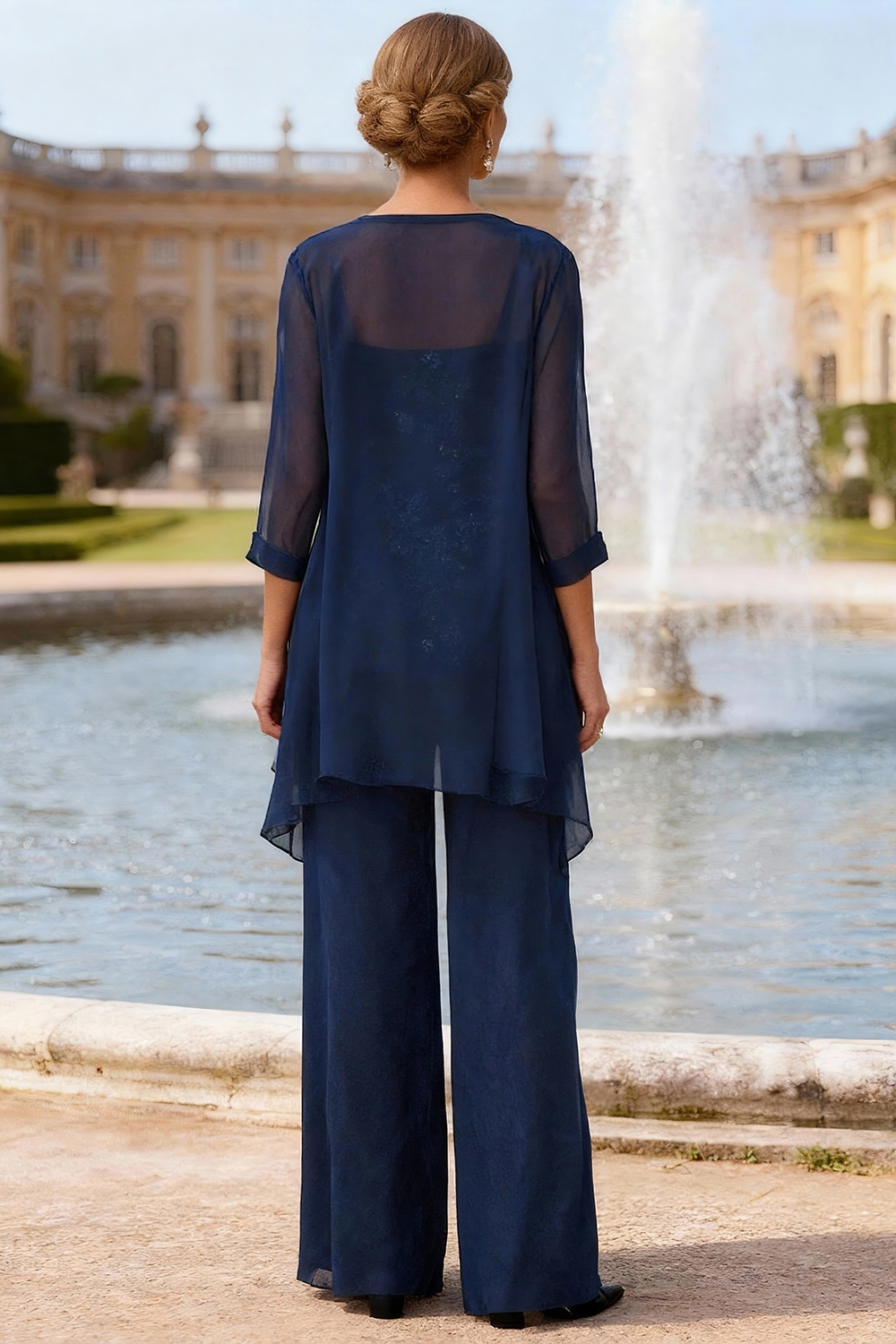 Sparkly Navy Beaded Ruffled 3 Piece Mother of the Bride Pant Suits with Jacket