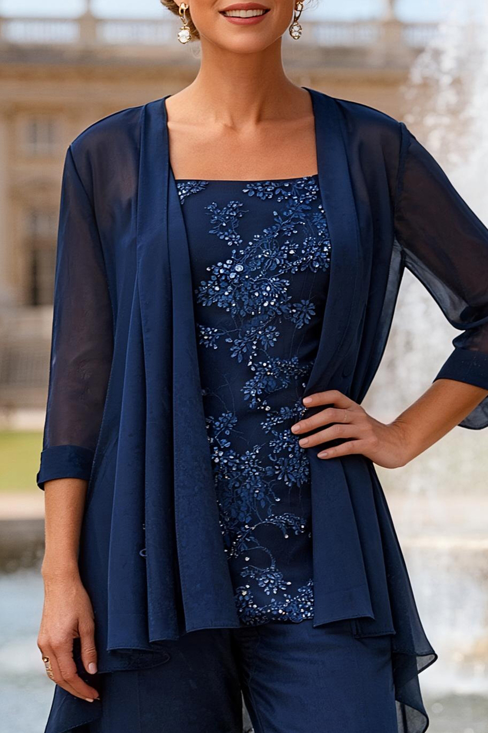 Sparkly Navy Beaded Ruffled 3 Piece Mother of the Bride Pant Suits with Jacket