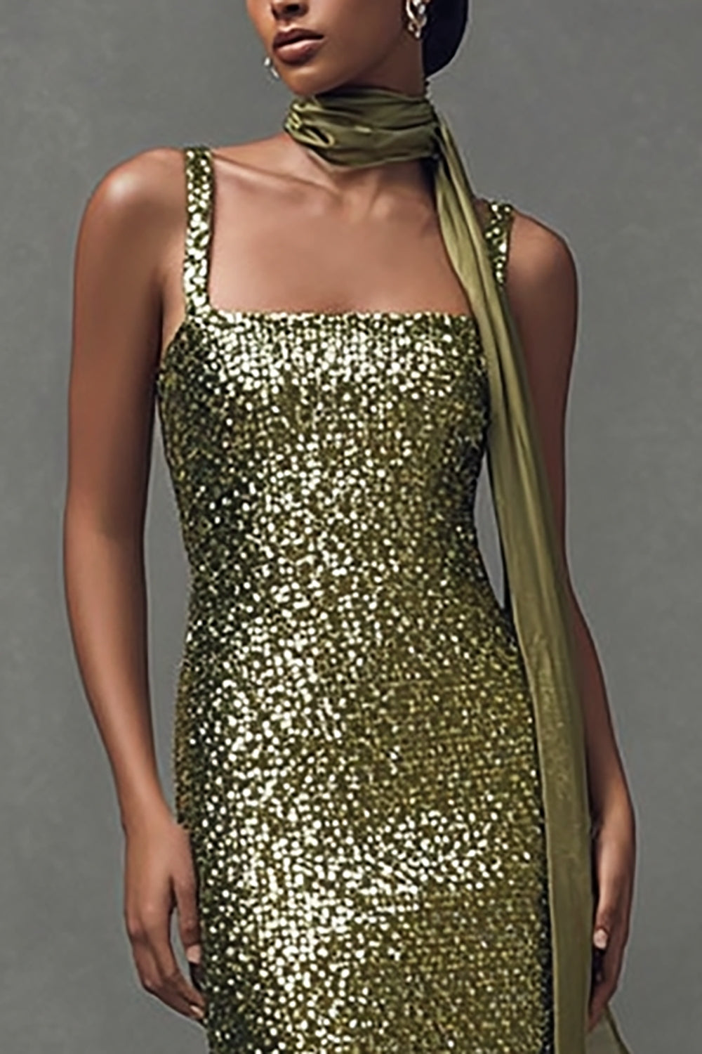 Sparkly Olive Sequins Sheath Scarf Neck Long Holiday Party Dress