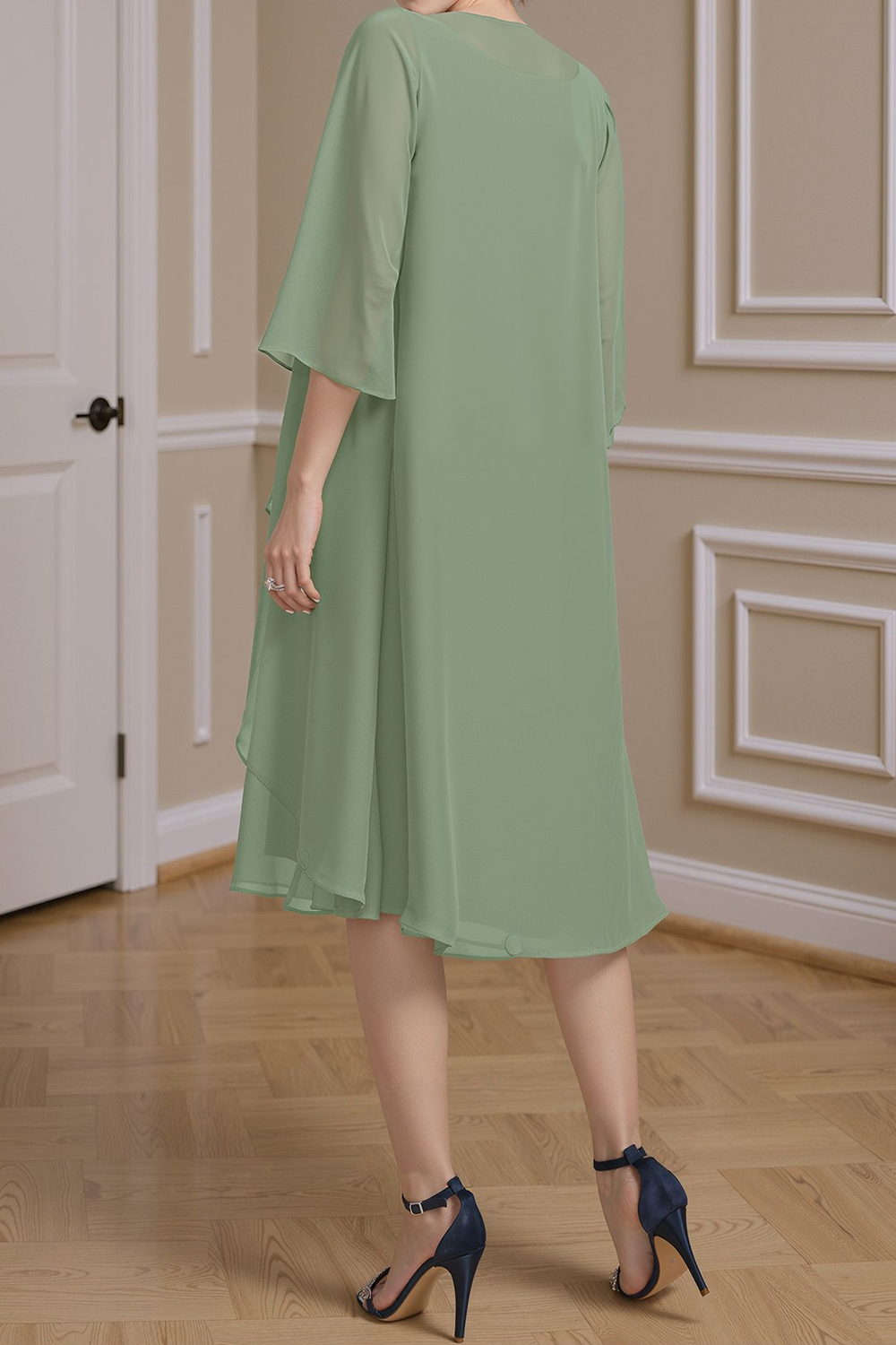Sage Green Ruffled A Line 2 Piece Knee-Length Mother of the Bride Dress with Jacket