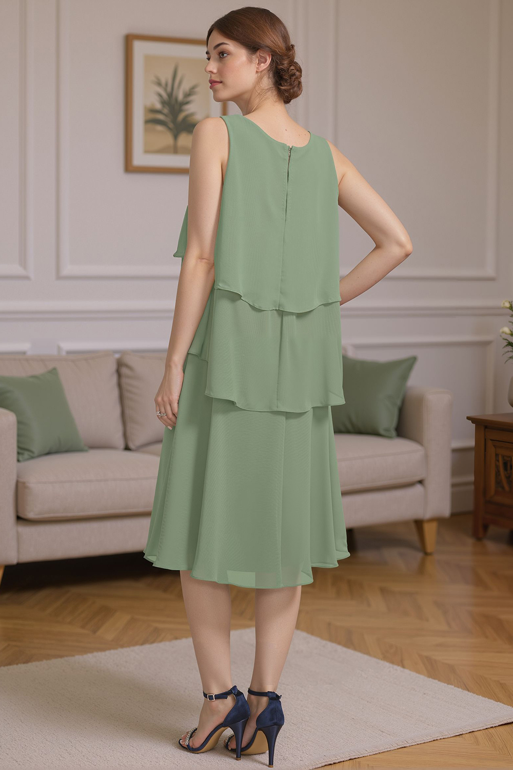 Sage Green Ruffled A Line 2 Piece Knee-Length Mother of the Bride Dress with Jacket