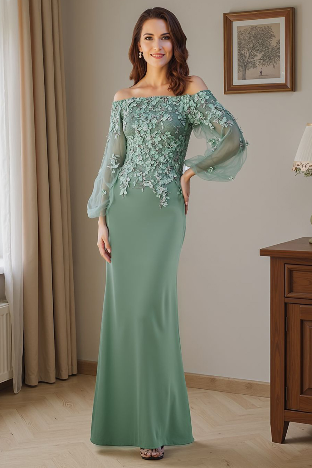 Floral Silver Mermaid Off the Shoulder Floor-Length Mother of the Bride Dress