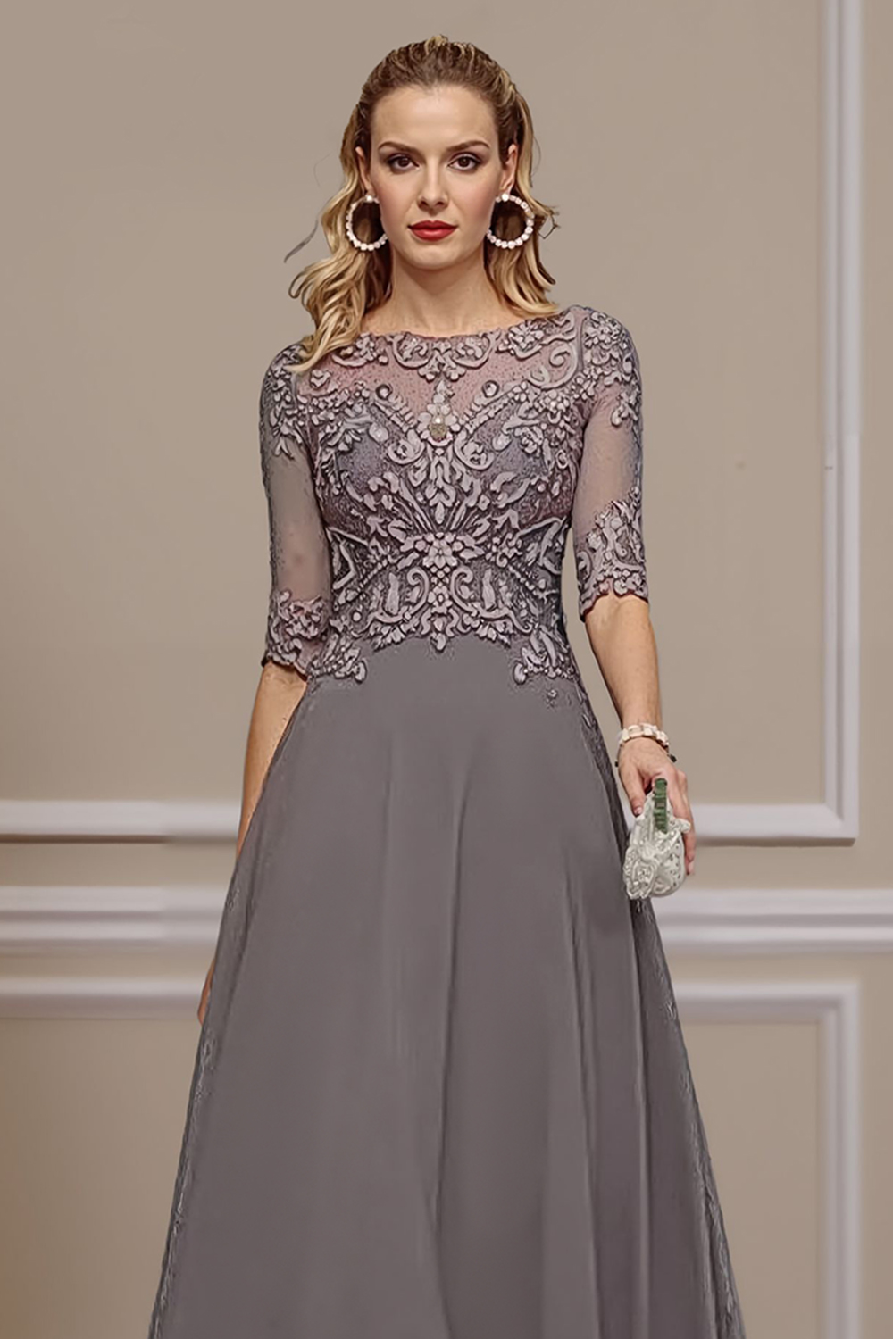 Dusk A Line Boat Neck Ankle-Length Mother of the Bride Dress with Lace