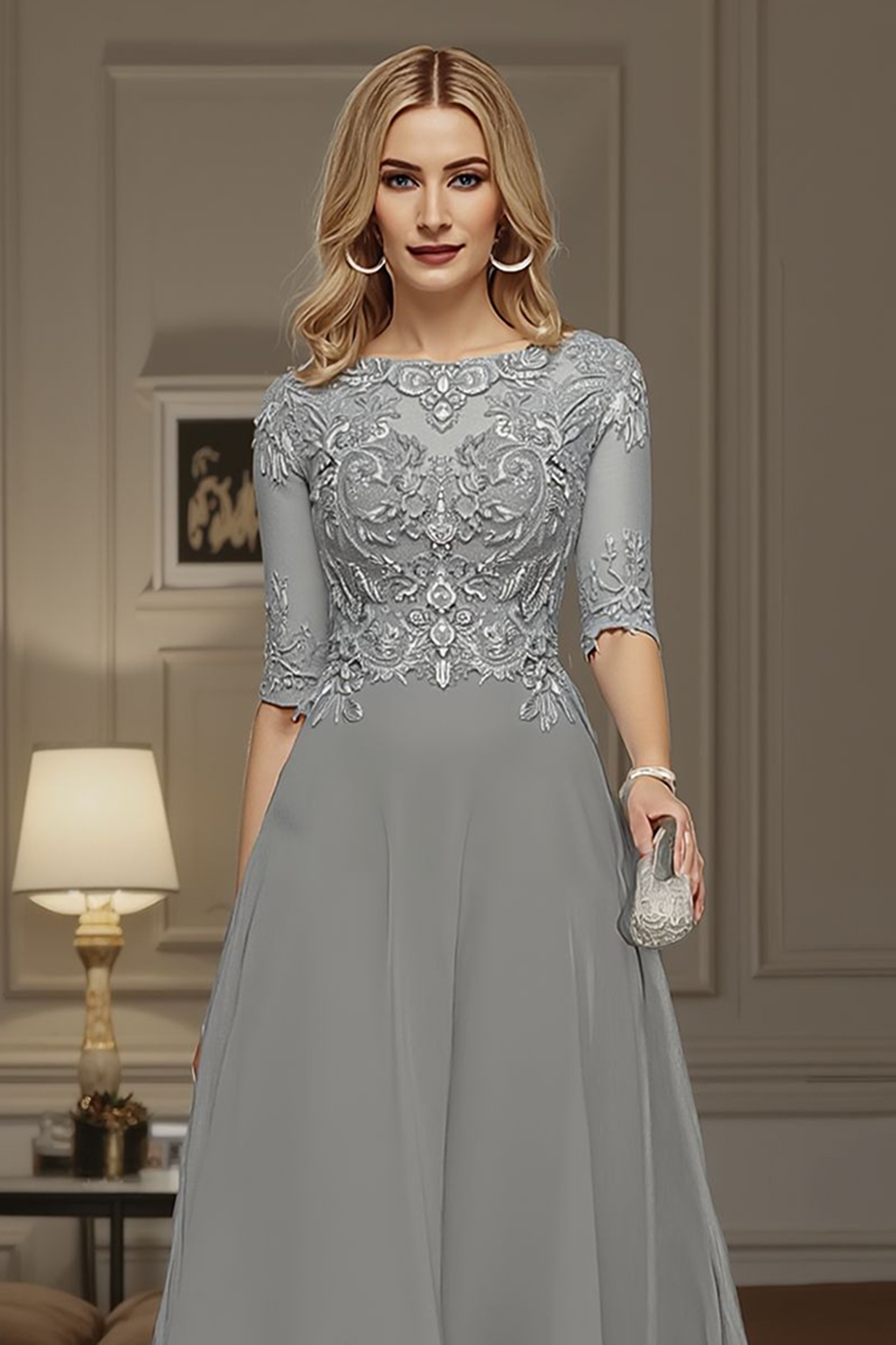 Dusk A Line Boat Neck Ankle-Length Mother of the Bride Dress with Lace