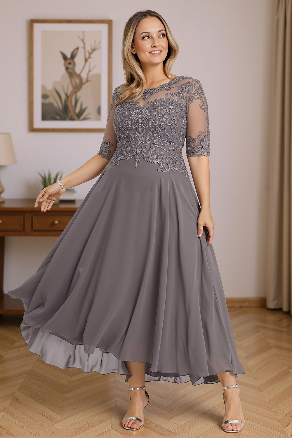 Dusk Boat Neck A Line Ankle-Length Mother of the Bride Dress with Lace