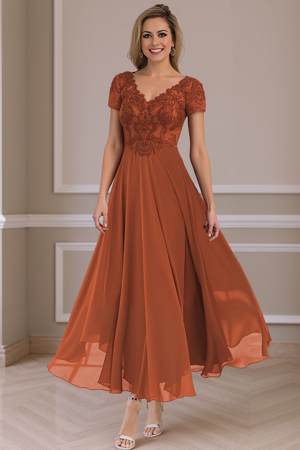 Steel Grey V-Neck A Line Appliqued Ankle-Length Mother of the Bride Dress