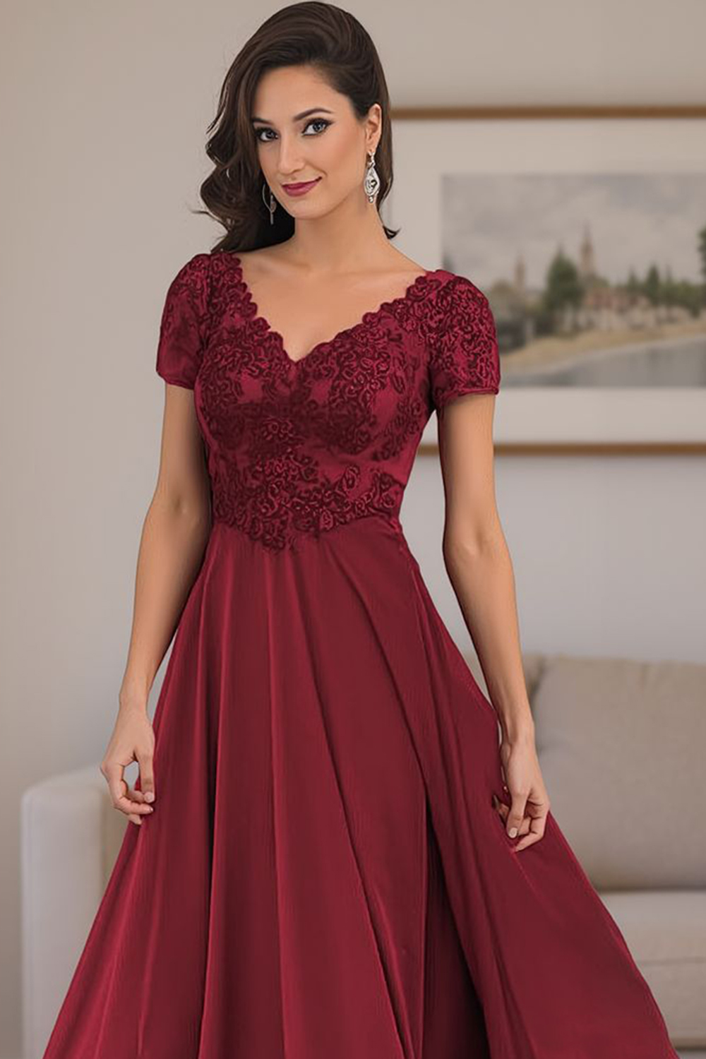 Steel Grey V-Neck A Line Appliqued Ankle-Length Mother of the Bride Dress