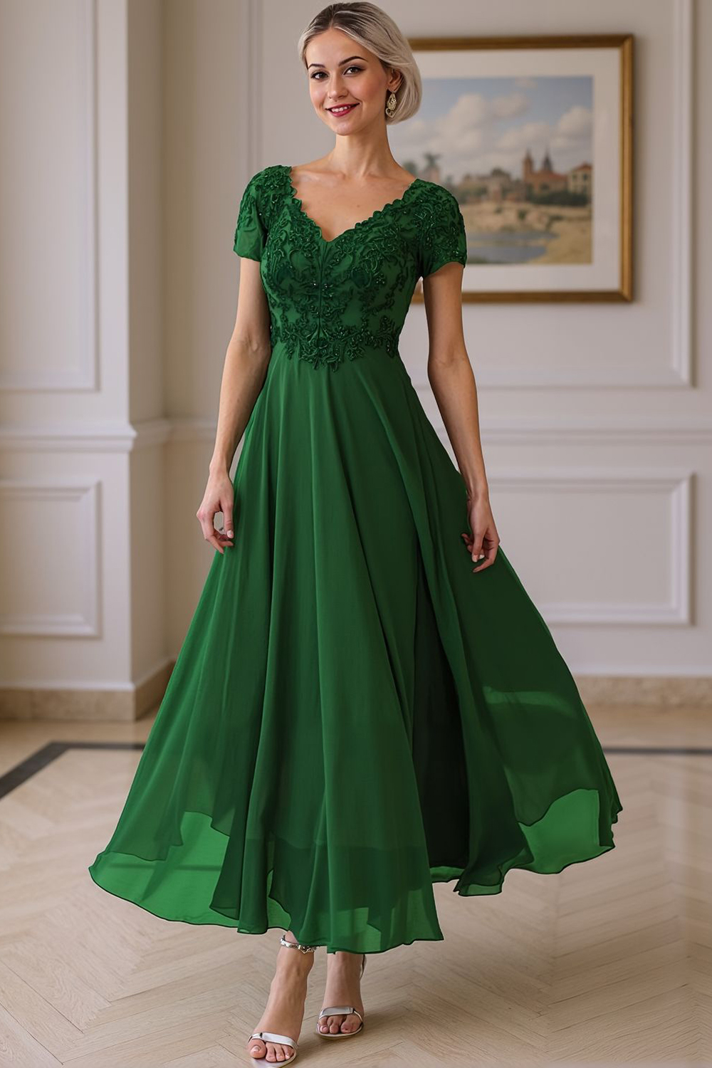 Steel Grey V-Neck A Line Appliqued Ankle-Length Mother of the Bride Dress