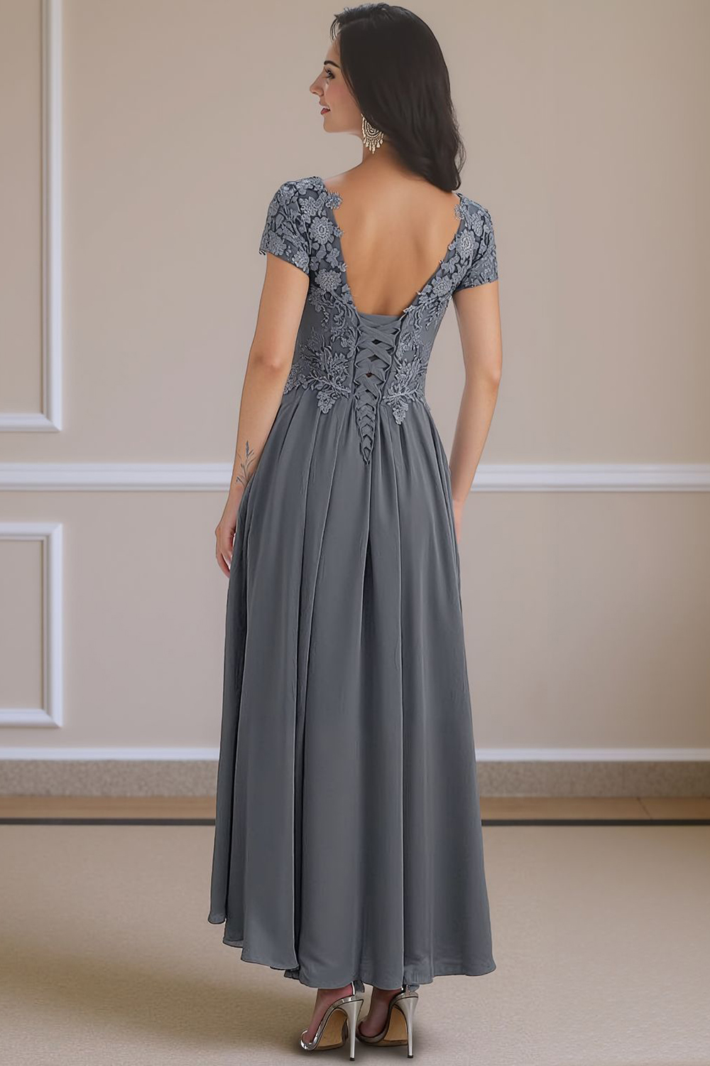Steel Grey V-Neck A Line Appliqued Ankle-Length Mother of the Bride Dress