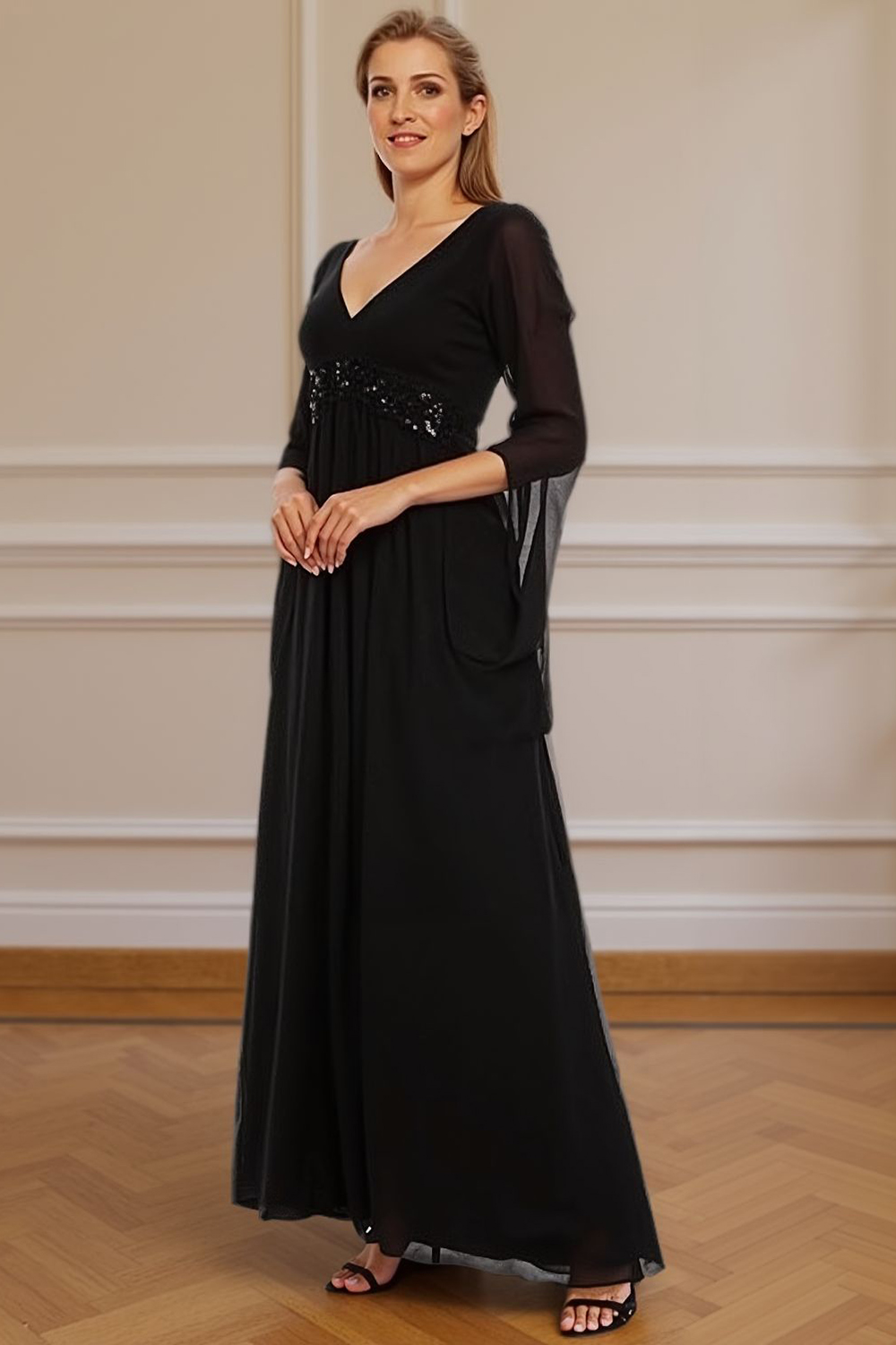 Sparkly Black V-Neck Beaded Floor-Length Mother of the Bride Dress
