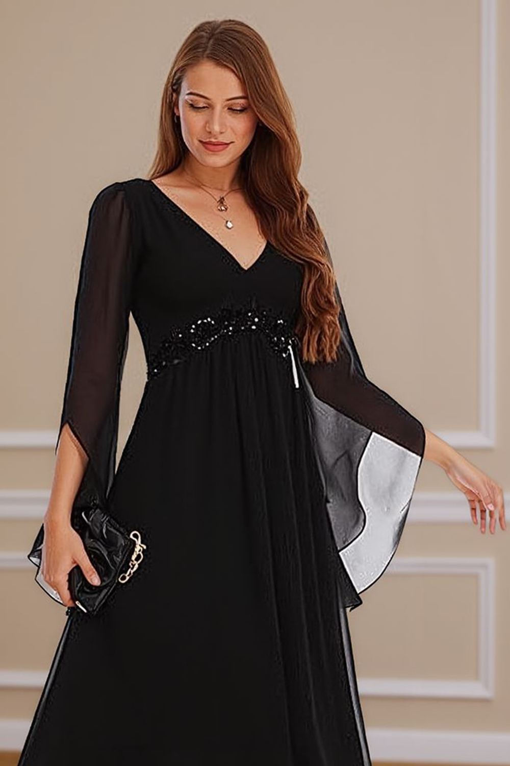 Sparkly Black V-Neck Beaded Floor-Length Mother of the Bride Dress