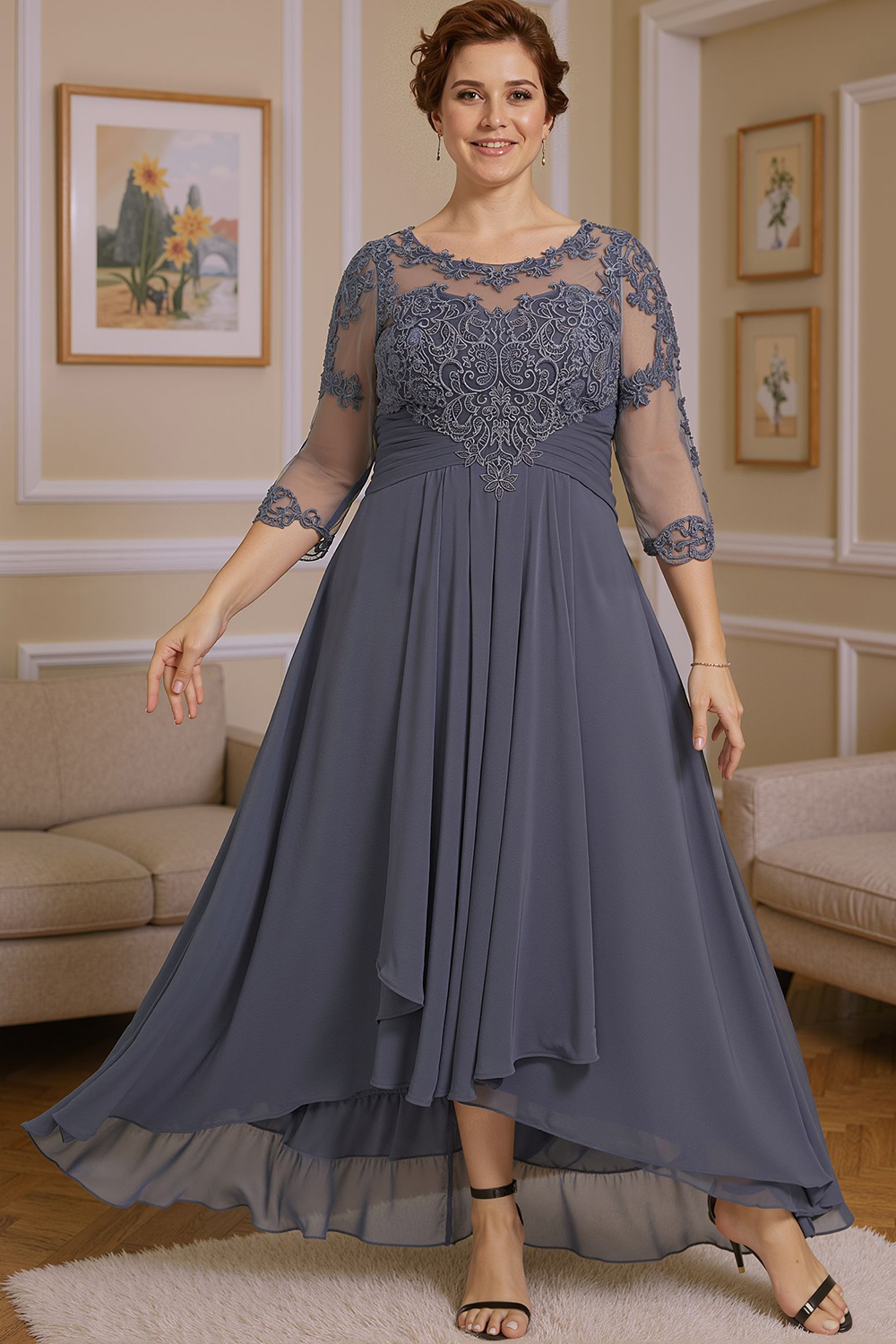 Steel Grey Boat Neck A Line Ankle-Length Mother of the Bride Dress with Ruffles