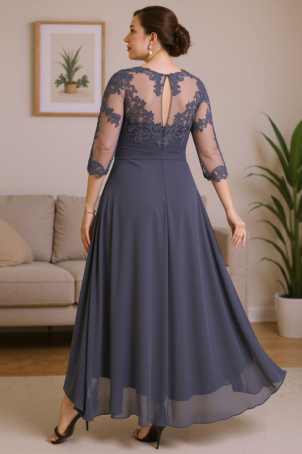 Steel Grey Boat Neck A Line Ankle-Length Mother of the Bride Dress with Ruffles