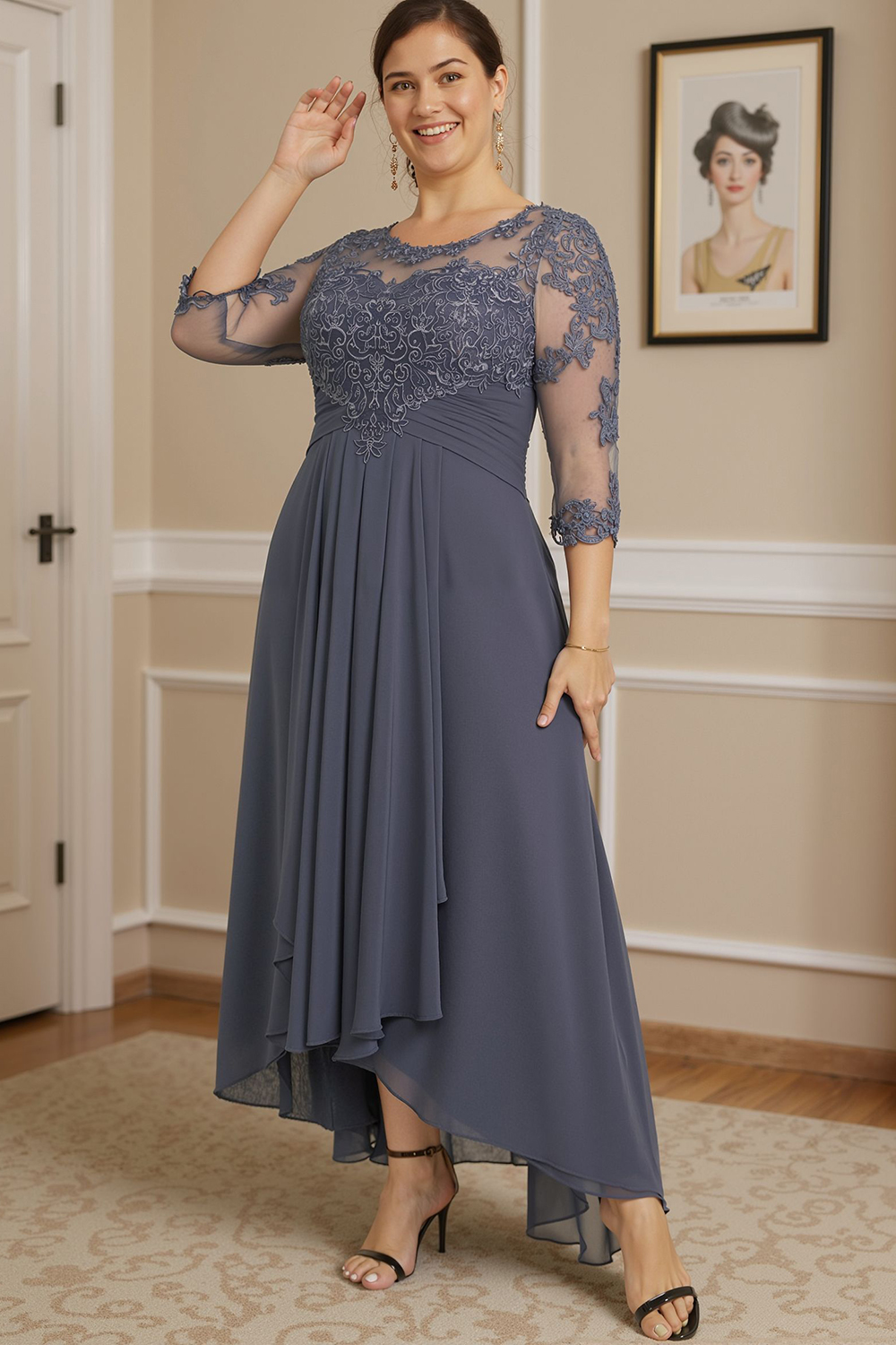 Steel Grey Boat Neck A Line Ankle-Length Mother of the Bride Dress with Ruffles