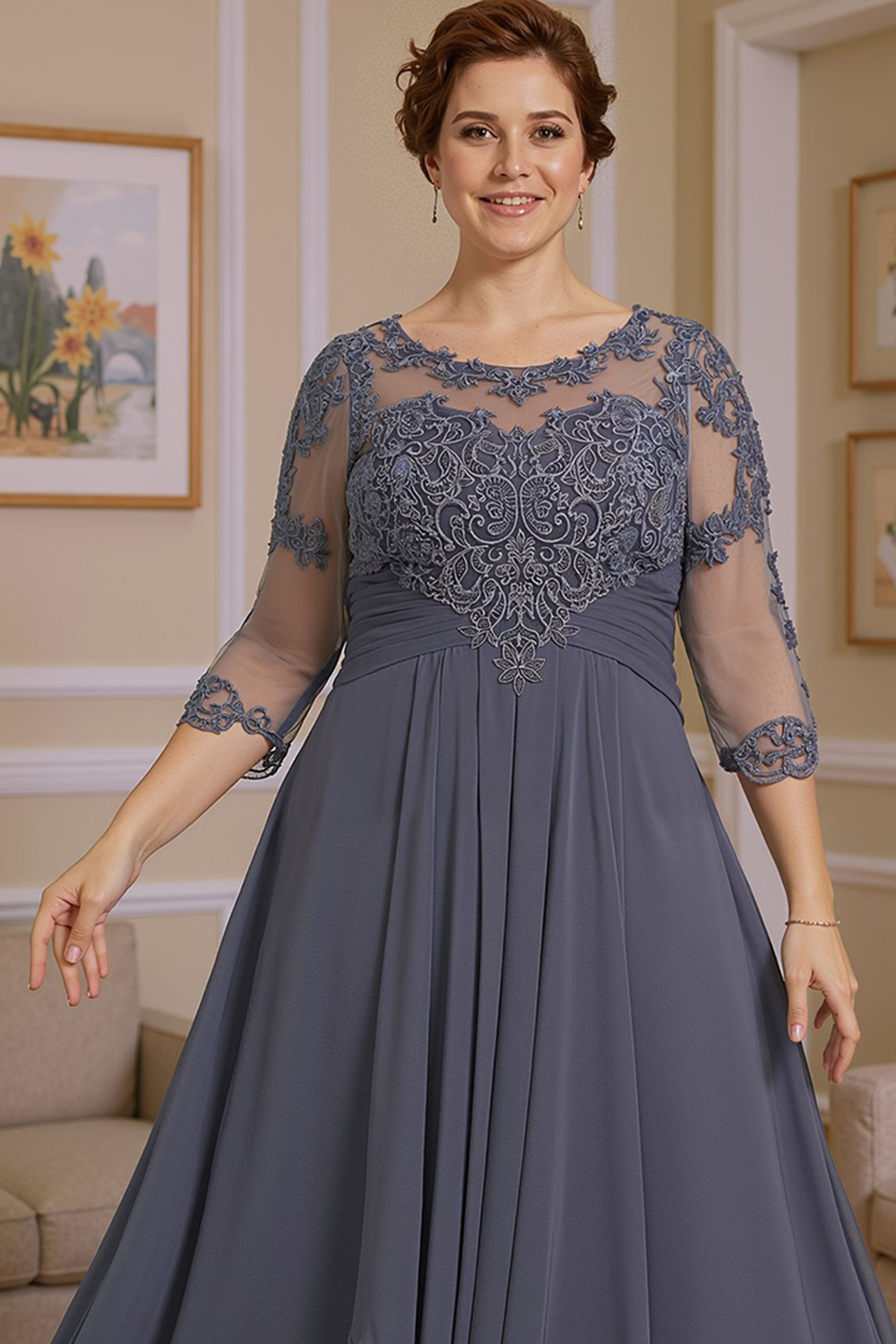 Steel Grey Boat Neck A Line Ankle-Length Mother of the Bride Dress with Ruffles