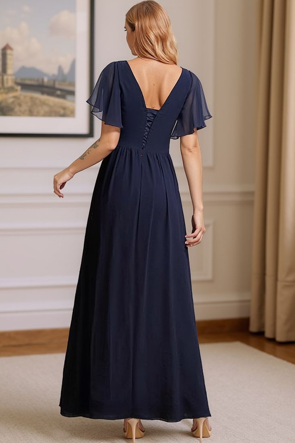 Dusty Blue V-Neck Ruffled A Line Ankle-Length Mother of the Bride Dress