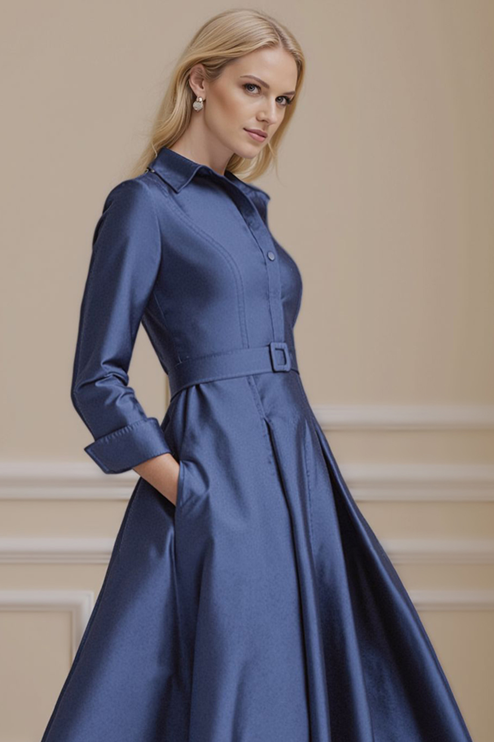 Navy Lapel Neck A Line Tea-Length Mother of the Bride Dress with Pockets