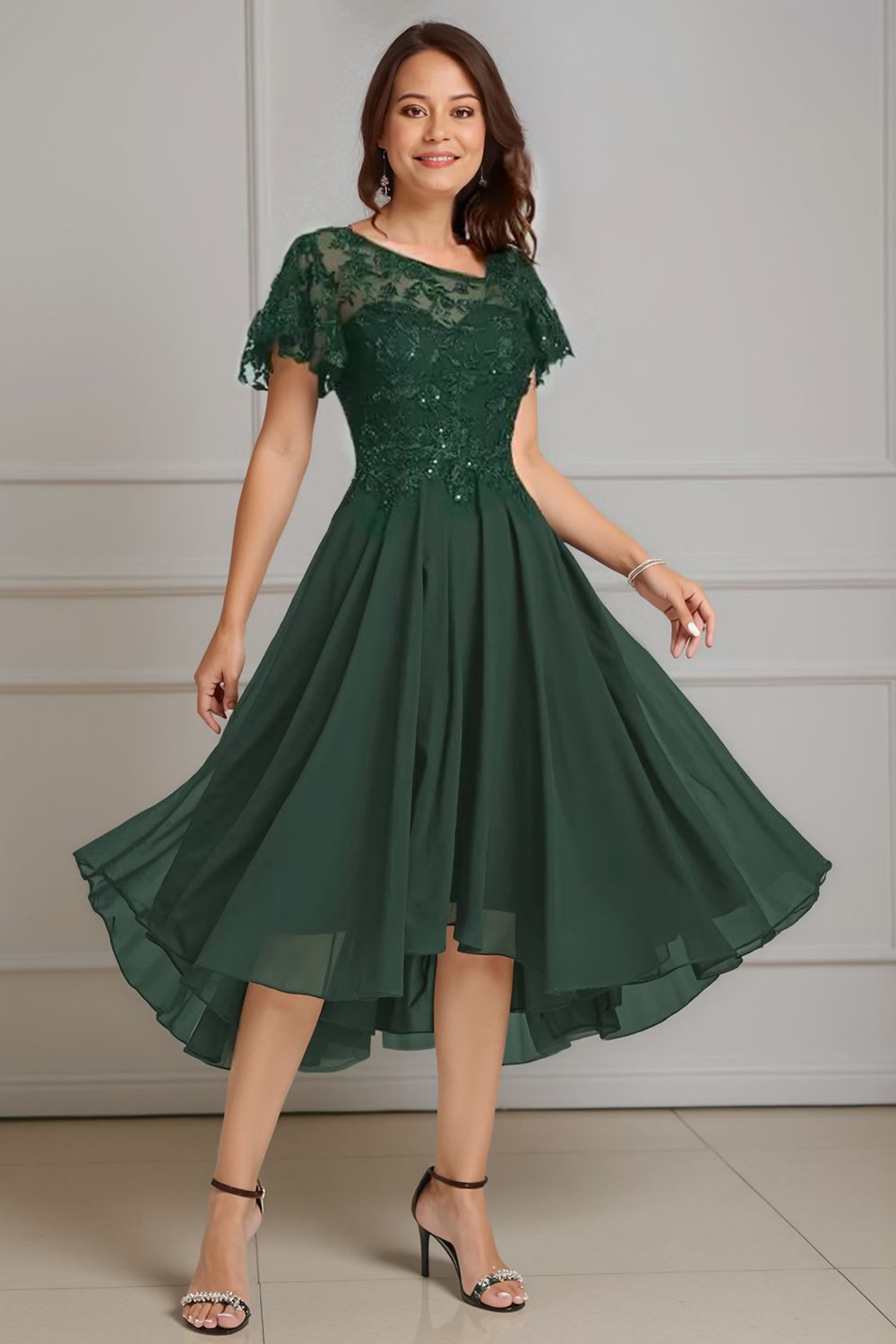Sparkly Dark Green Beaded A Line Tea-Length Mother of the Bride Dress with Lace