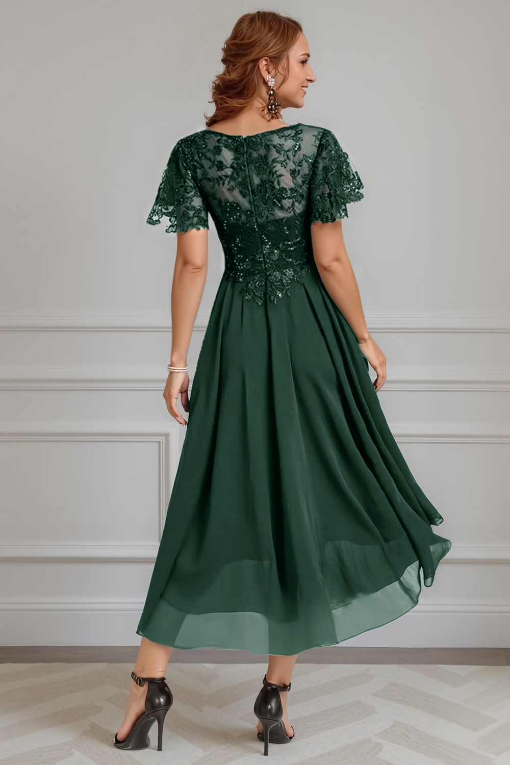 Sparkly Dark Green Beaded A Line Tea-Length Mother of the Bride Dress with Lace