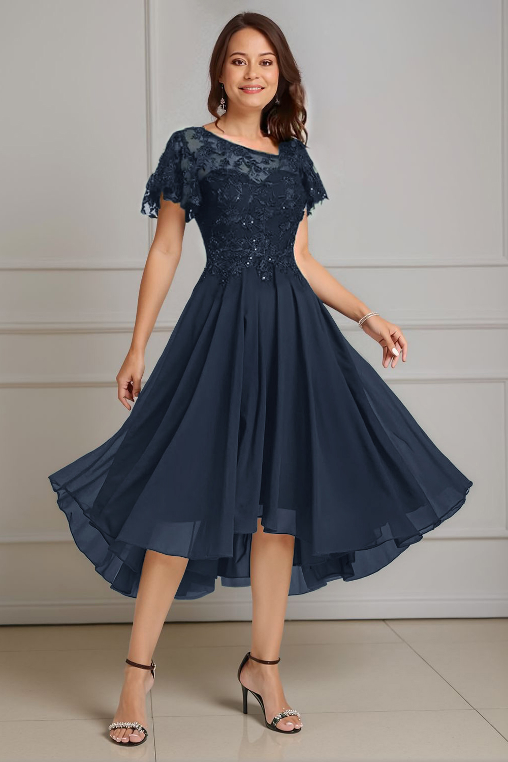 Sparkly Dark Green Beaded A Line Tea-Length Mother of the Bride Dress with Lace