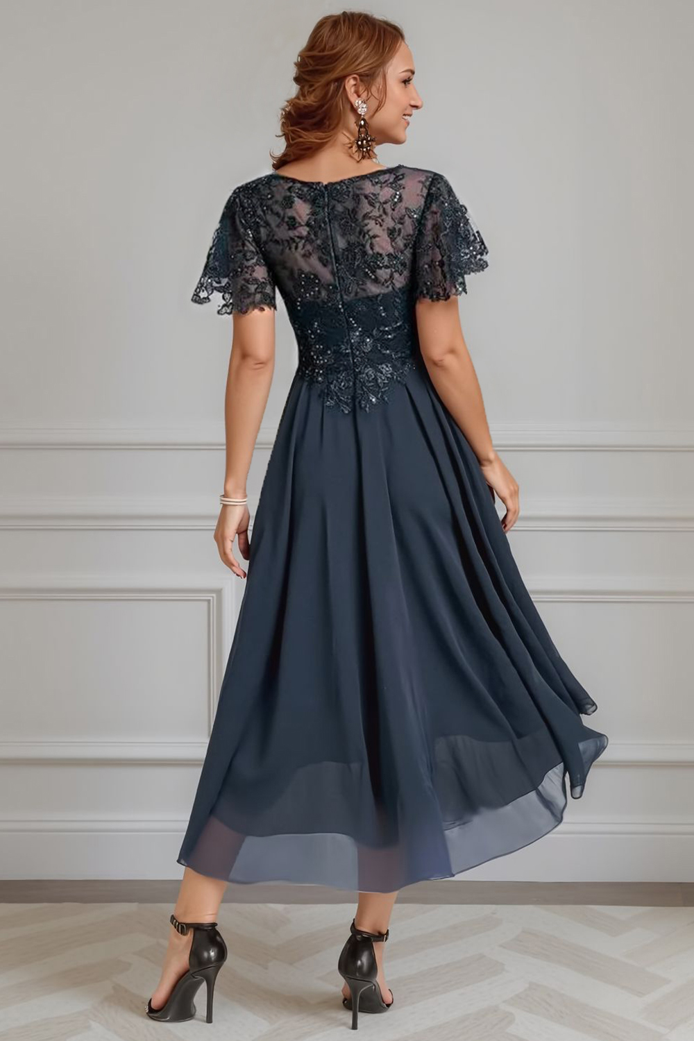 Sparkly Dark Green Beaded A Line Tea-Length Mother of the Bride Dress with Lace