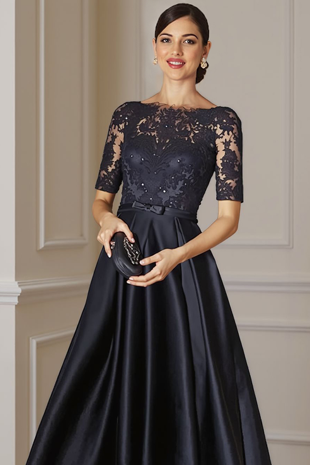 Sparkly Navy Bateau Neck Beaded Ankle-Length Mother of the Bride Dress with Bow