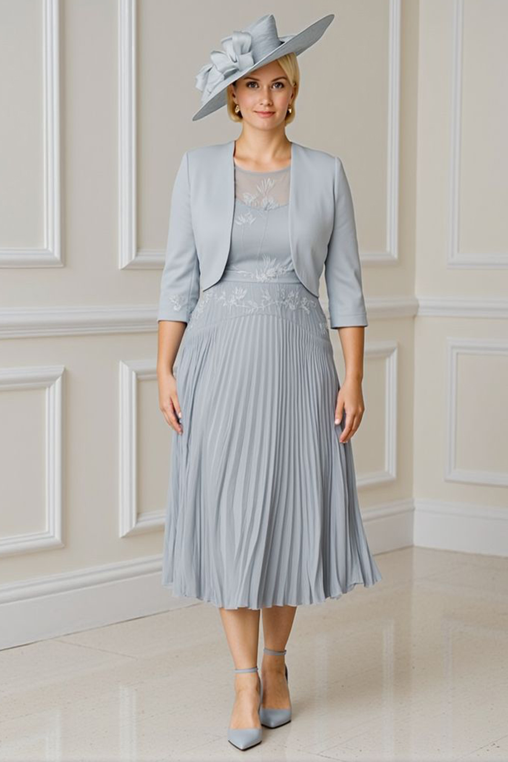 Silver Pleated A Line 2 Piece Tea-Length Mother of the Bride Dress with Jacket