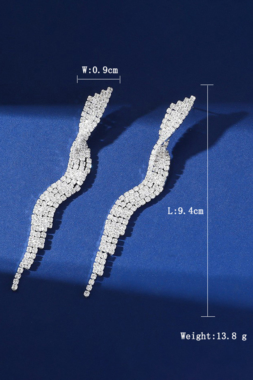 Sparkly Silver Wave Shaped Long Prom Drop Earrings with Rhinestones