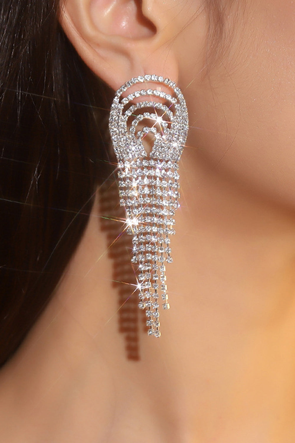 Sparkly Fringed Silver Fashion Party Drop Earrings with Rhinestones