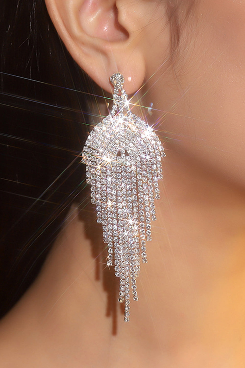 Sparkly Fringed Silver Teardrop Prom Drop Earrings with Rhinestones