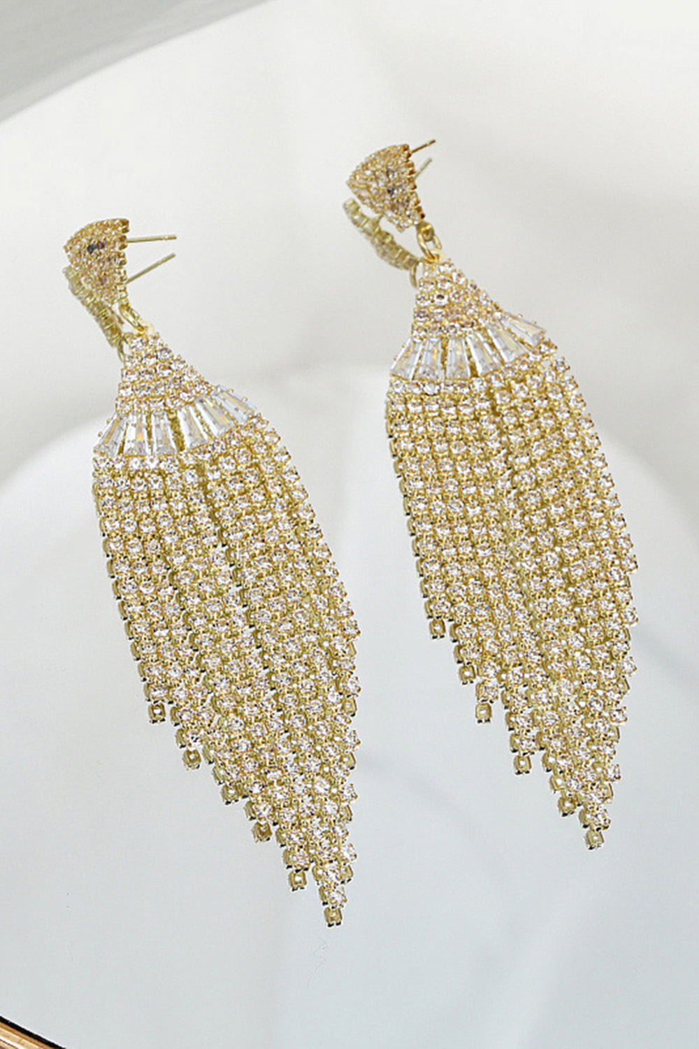 Golden Sparkly Fringed Party Drop Earrings with Rhinestones