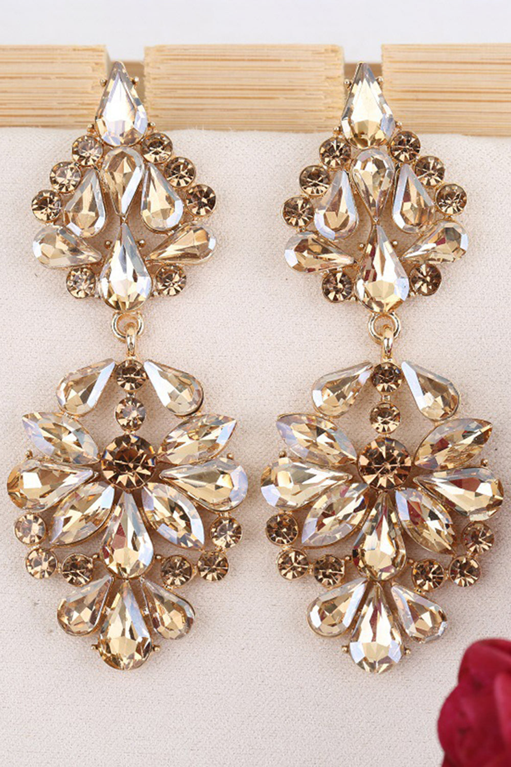 Pink Sparkly Flower Shaped Prom Drop Earrings with Rhinestones