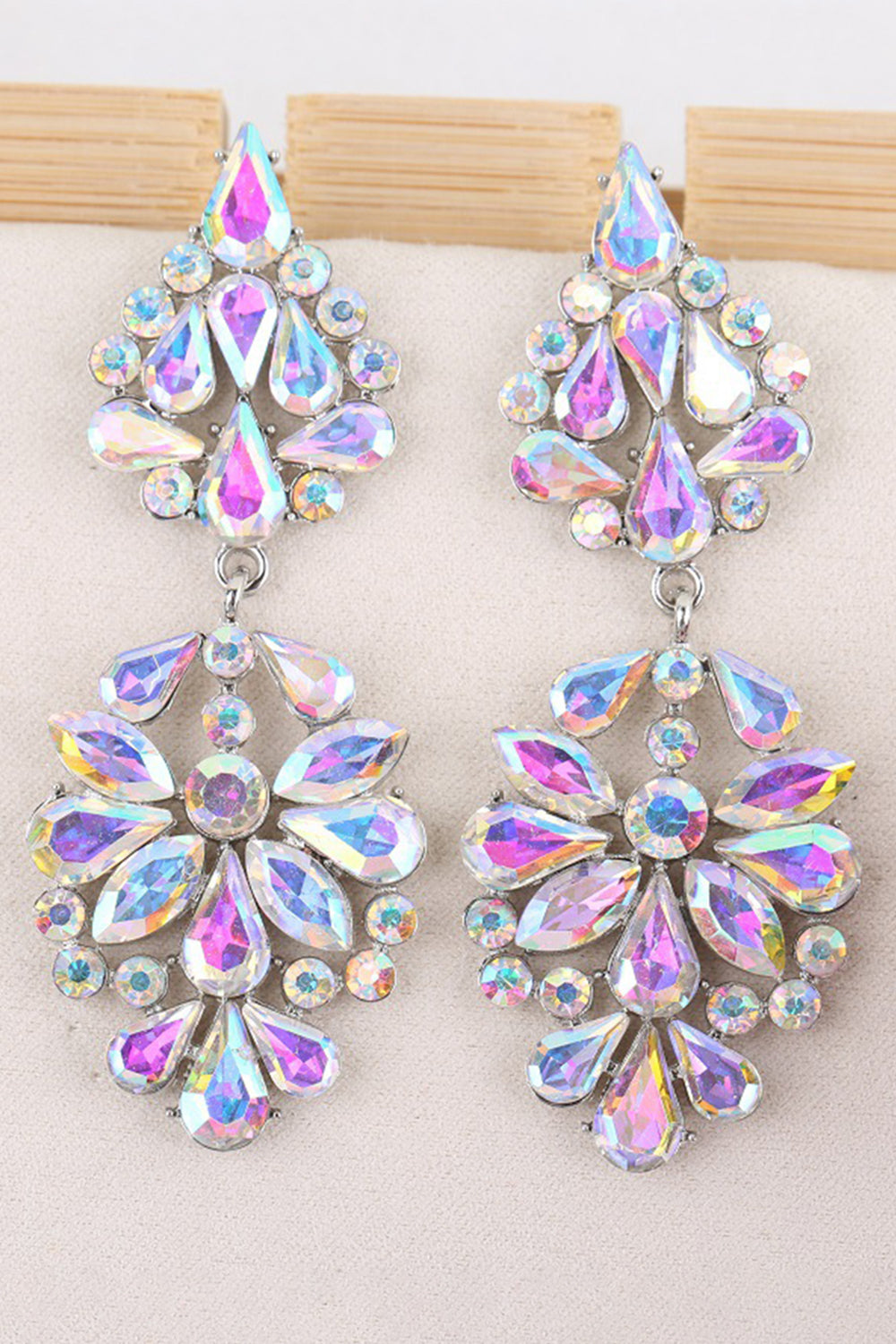 Pink Sparkly Flower Shaped Prom Drop Earrings with Rhinestones