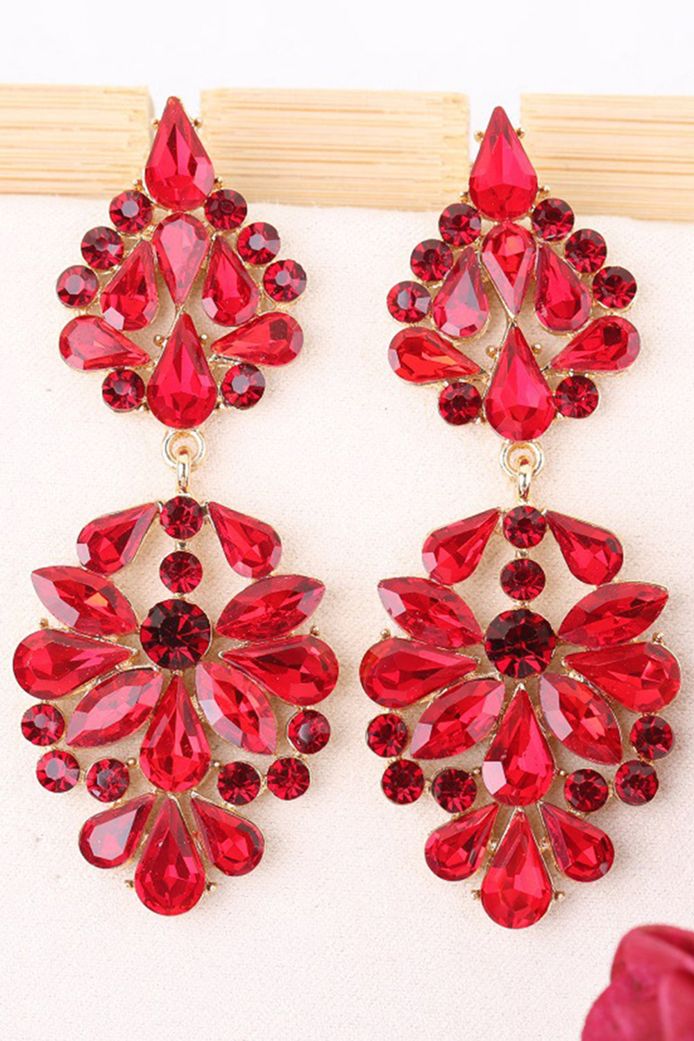 Pink Sparkly Flower Shaped Prom Drop Earrings with Rhinestones