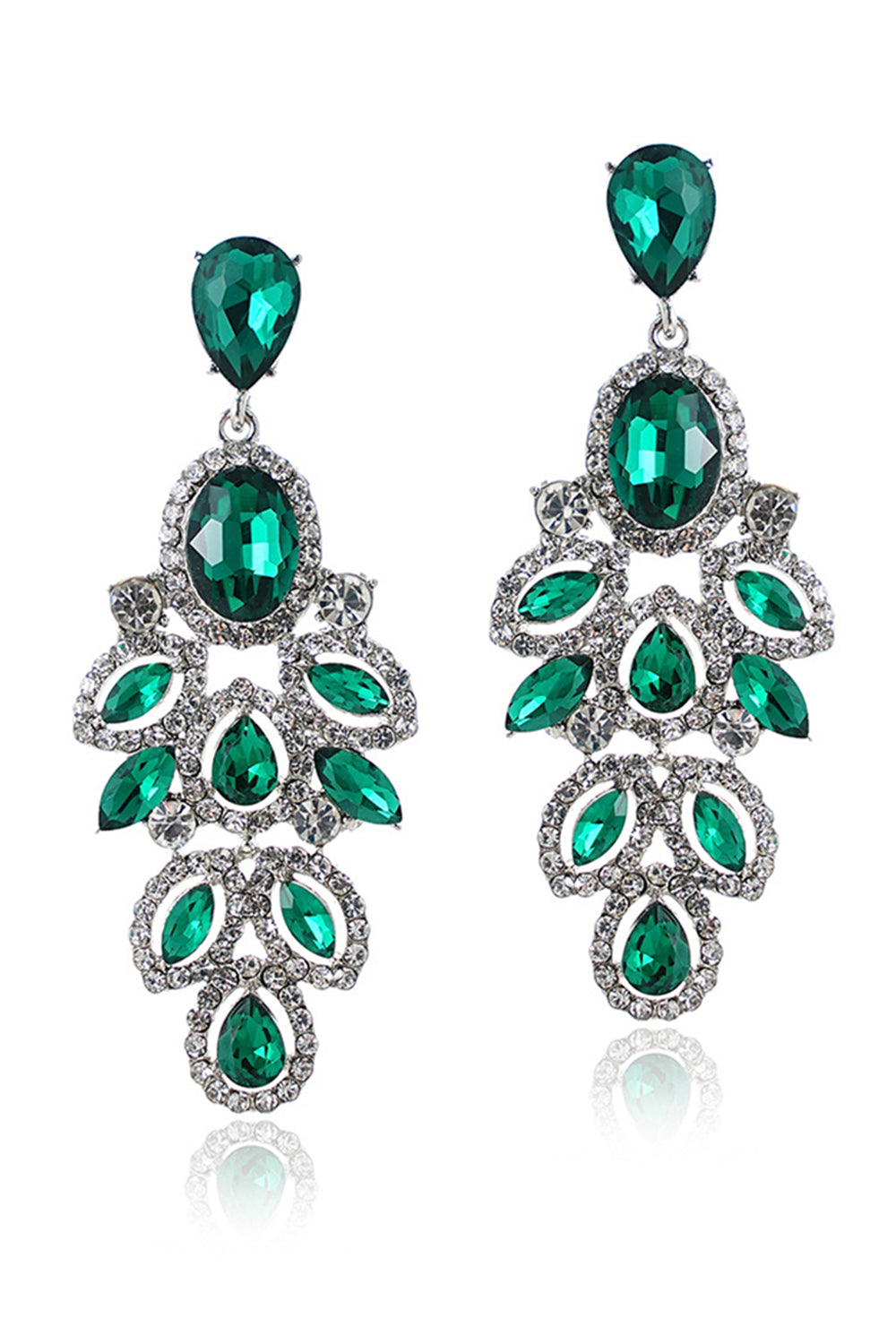 Dark Green Sparkly Leaf Shaped Prom Drop Earrings with Rhinestones