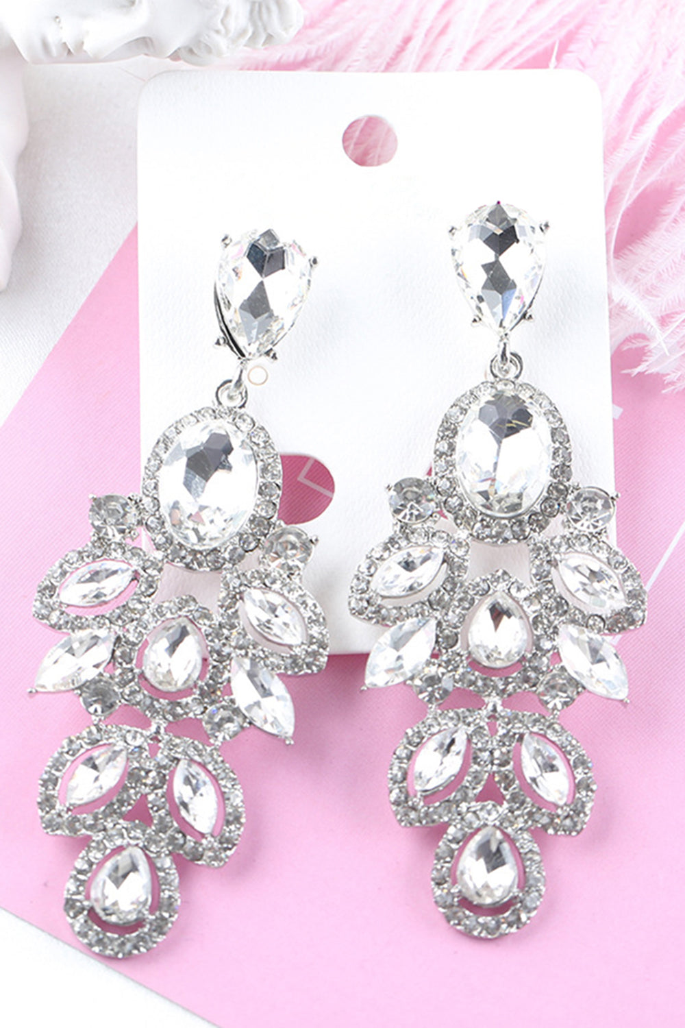 Dark Green Sparkly Leaf Shaped Prom Drop Earrings with Rhinestones