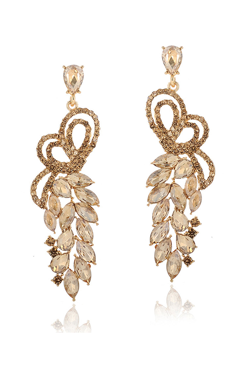 Sparkly Golden Party Leaf Shaped Drop Earrings with Rhinestones