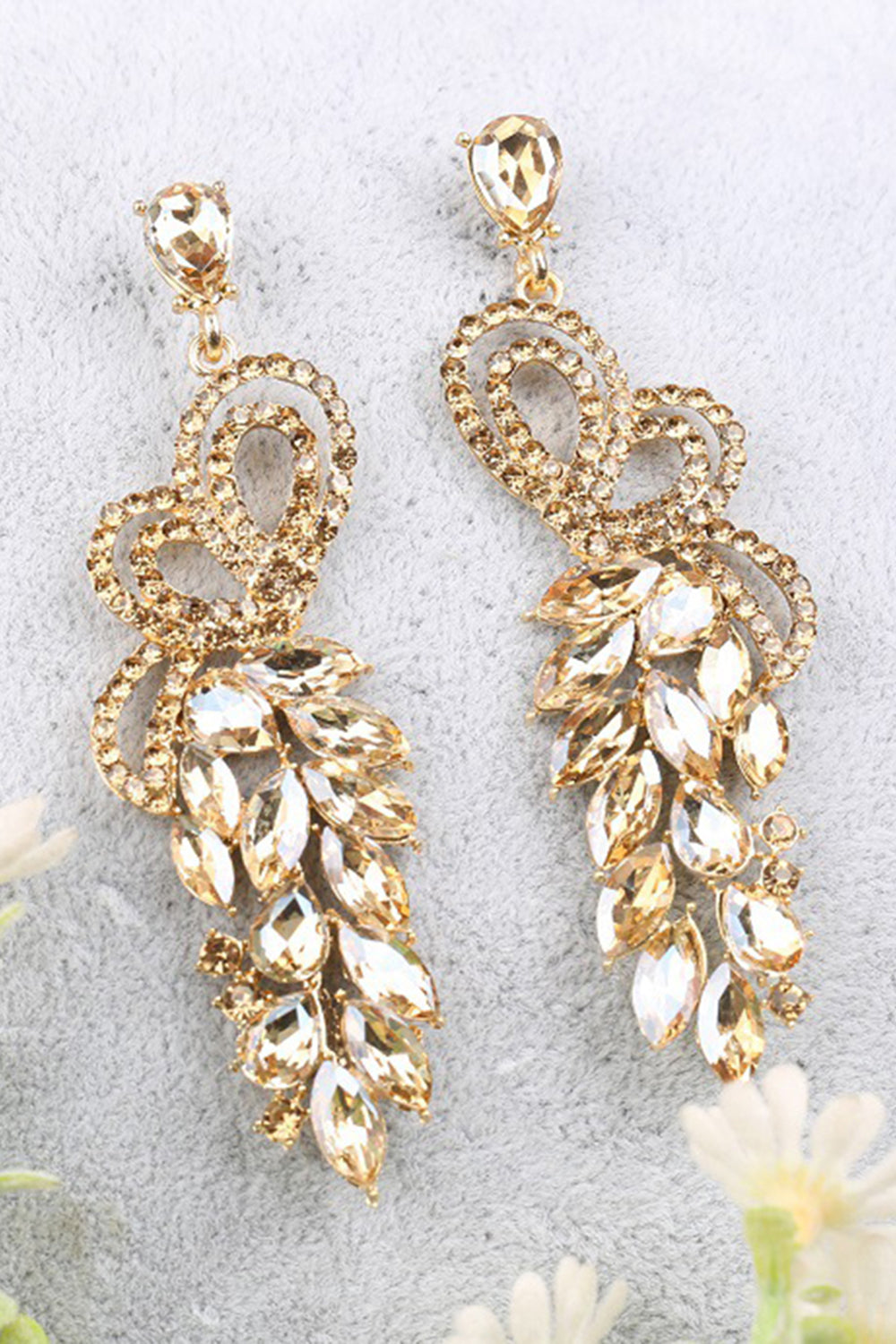 Sparkly Golden Party Leaf Shaped Drop Earrings with Rhinestones