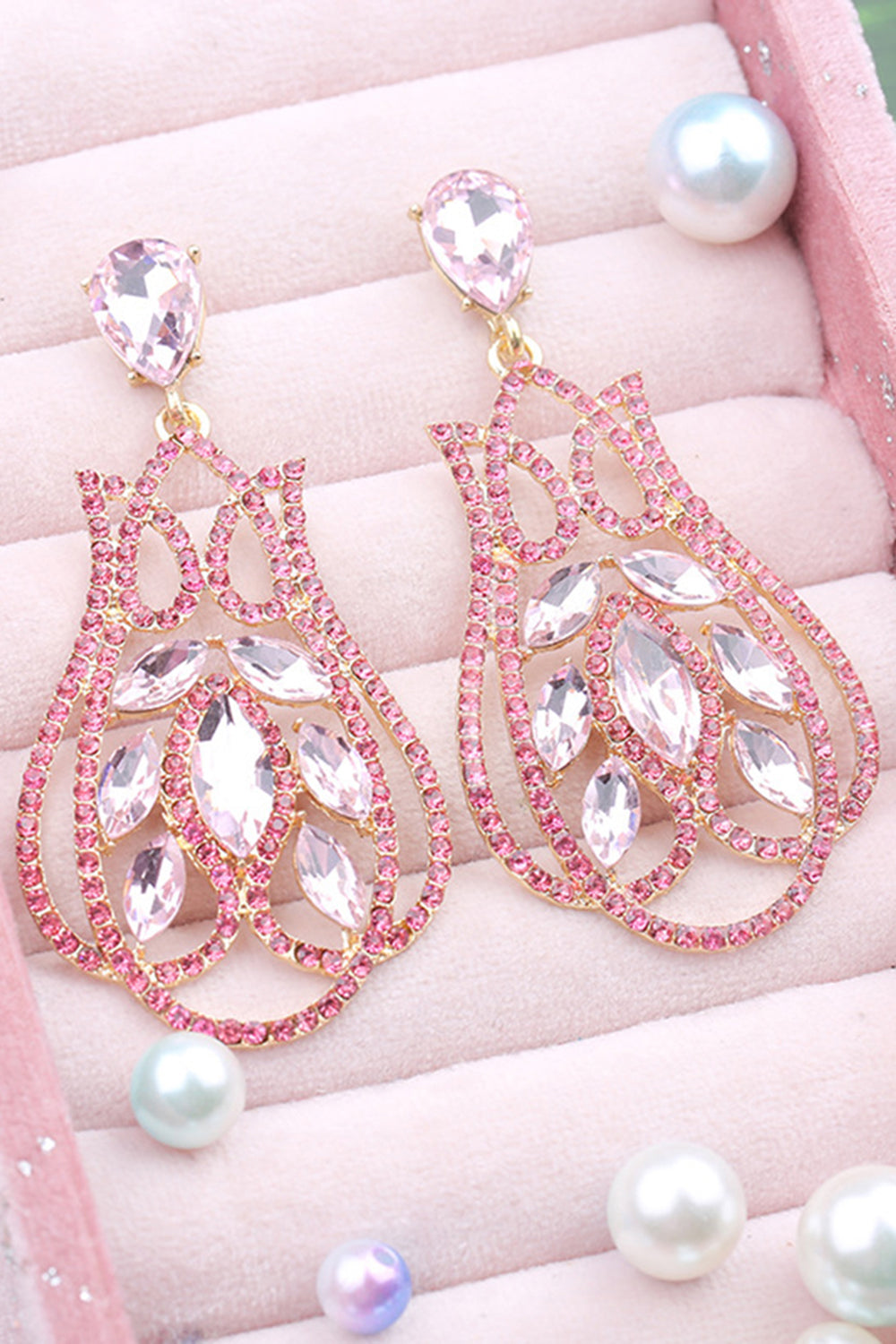 Fuchsia Sparkly Prom Drop Earrings with Rhinestones