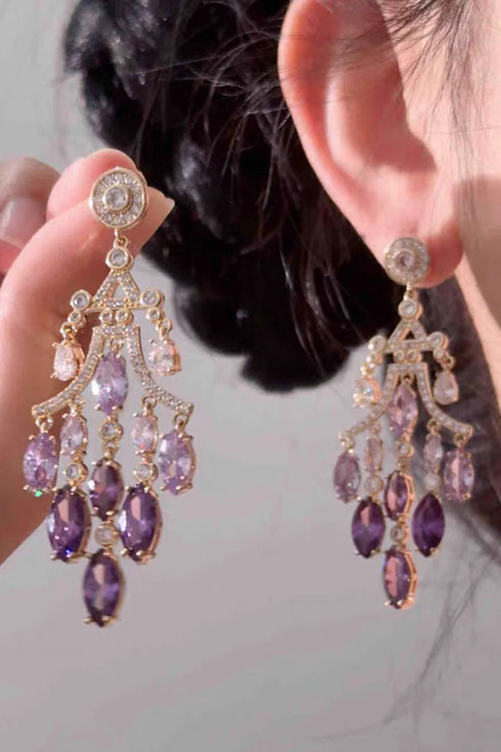 Sparkly Leaf Shaped Purple Prom Drop Earrings with Rhinestones