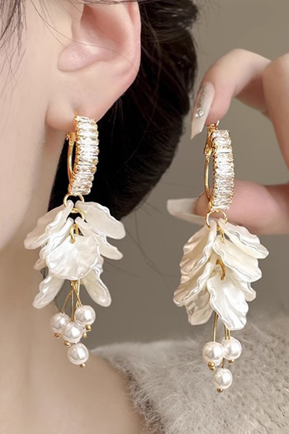 White Sparkly Prom Drop Earrings with Pearls